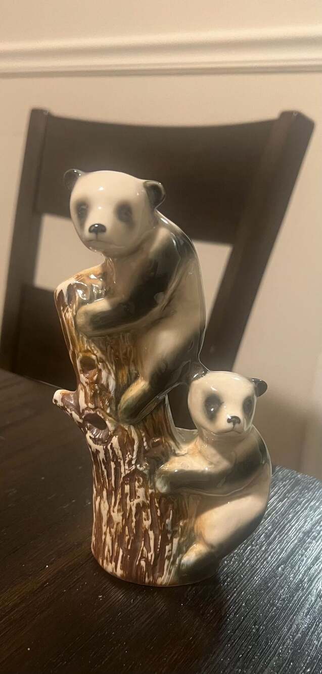Vintage 1980 Jim Beam Ceramic Panda Bears Climbing Tree Trunk Top